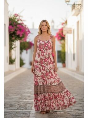 MISS JUNE Boho Pink Floral Embroidered Embellished Tie Strap Flowy Maxi Dress
